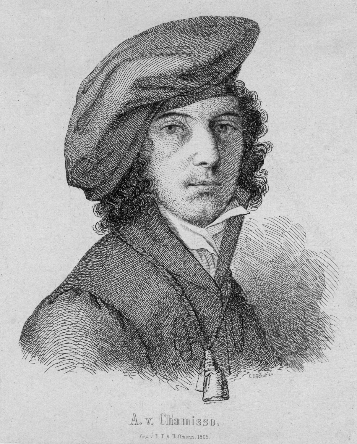 Kupferstich (1805) von C. Becker nach einer Porträtzeichnung von E.T.A. Hoffmann: Adelbert von Chamisso. Bild-Nr.:10010606. bpk